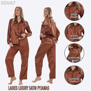 Keanu Ladies Satin Long Pyjamas - Brown Design