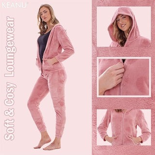 Keanu Ladies Fleece Pyjamas - Pink Heart Embossed Design - Pull Over and Zip-Up Hoodie