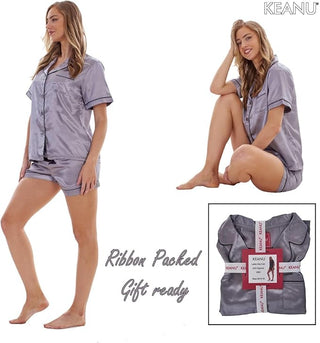 Keanu Ladies Satin Short Pyjamas - Grey Design