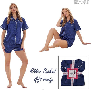 Keanu Ladies Satin Short Pyjamas - Navy Design