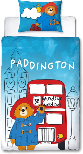 Paddington Bear Single Duvet Cover Set 2 Sided Reversible Station Design Matching Pillowcase Single Bed Set White and Blue, Polycotton