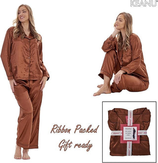 Keanu Ladies Satin Long Pyjamas - Brown Design