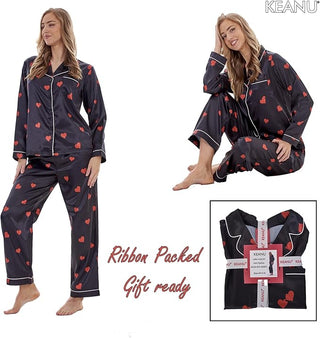 Keanu Ladies Satin Long Pyjamas - Black Hearts Design