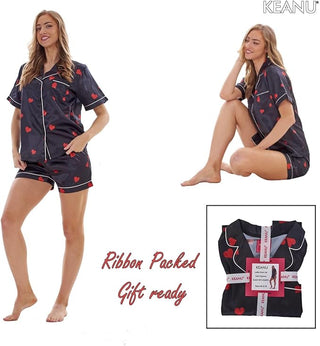 Keanu Ladies Satin Short Pyjamas - Black Hearts Design