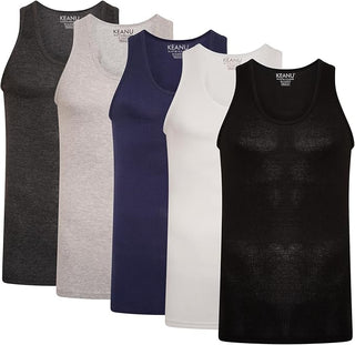 Keanu Mens 6 Pack Ribbed Fitted Vest  - Black, Navy, Grey, Charcoal, and White Designs - Cotton Blend
