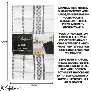 K Collection Grey 12 Pack Check Kitchen Towels Set - 100% Ring Spun Cotton - Terry Check Design