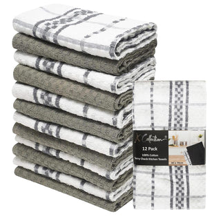 K Collection Grey 12 Pack Check Kitchen Towels Set - 100% Ring Spun Cotton - Terry Check Design