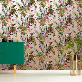 Holden Decor Lemur & Exotic Animals Rainforest Wallpaper Rose Gold 12404 – Tropical Animal & Botanical Design – 10m Roll