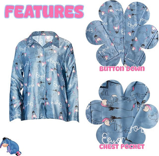 Disney Ladies Satin Pyjamas - Eeyore Design - Long Sleeve Top & Straight Leg Bottoms