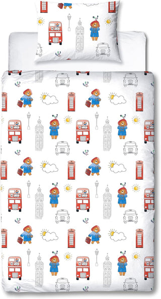 Paddington Bear Single Duvet Cover Set 2 Sided Reversible Station Design Matching Pillowcase Single Bed Set White and Blue, Polycotton