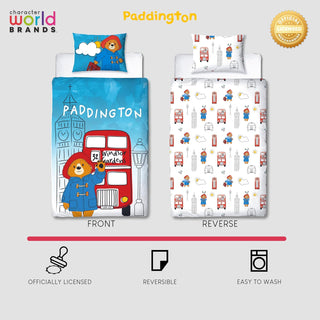 Paddington Bear Single Duvet Cover Set 2 Sided Reversible Station Design Matching Pillowcase Single Bed Set White and Blue, Polycotton