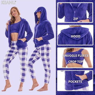Keanu Ladies 3 Piece Fleece Pyjamas - Violet Check Design