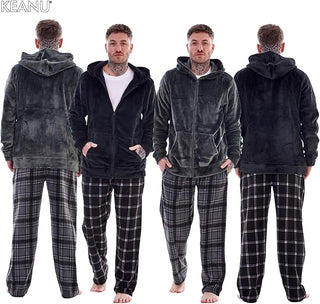 Keanu Mens Microfleece Pyjamas - Black Check Design - Zip Up