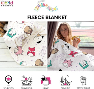 Squishmallows Official Fleece Throw Blanket Super Soft Warm White Throw, Bright Design Perfect For Home, Bedroom, Sleepovers & Camping Cam Cat Fifi Fox Hans Hedgehog Size 100 x 150cm