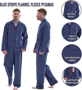 Keanu Mens Brushed Pyjamas Set - Blue Stripe Design - 100% Cotton
