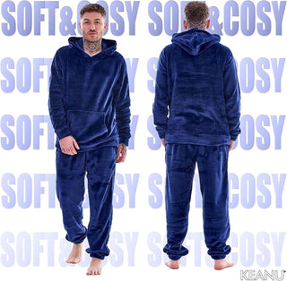 Keanu Mens Hooded Fleece Pyjamas - Navy Design - Pullover