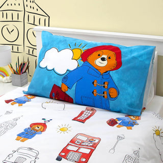 Paddington Bear Single Duvet Cover Set 2 Sided Reversible Station Design Matching Pillowcase Single Bed Set White and Blue, Polycotton