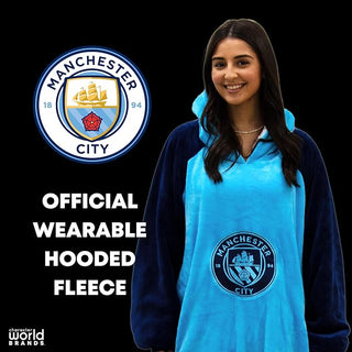 Manchester City FC Design Oversized Hooded Wearable Fleece Blanket Super Warm and Cosy Premium Sherpa Lined Perfect For Man City Fans