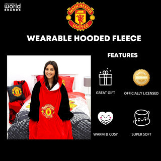 Manchester United FC Hugzee Oversized Wearable Hooded Fleece Super Warm and Cosy Premium Sherpa Lined, Design Perfect For Teens, Women and Men, One Size Suggested Height 110cm+, Red