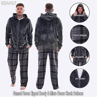 Keanu Mens Microfleece Pyjamas - Charcoal Check Design - Zip Up