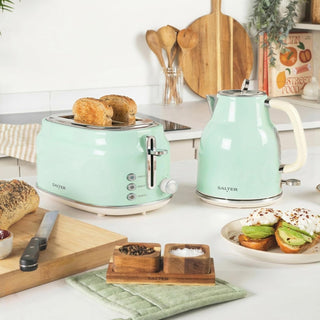 Salter Retro Green 2-Slice Toaster - Wide Slots, 6 Browning Levels, Defrost, Reheat & Cancel, High-Lift Eject, Removable Crumb Tray, Self-Centring, Anti-Jam Function, For Bagels, Vintage Design, 815W (Copy)