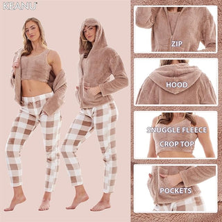 Keanu Ladies 3 Piece Fleece Pyjamas - Taupe Check Design