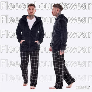 Keanu Mens Microfleece Pyjamas - Black Check Design - Zip Up