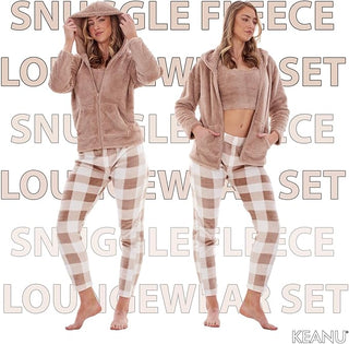 Keanu Ladies 3 Piece Fleece Pyjamas - Taupe Check Design