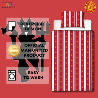 Manchester United FC Official Single Bed Coverless Duvet Bedding Reversible Red White Coverless Football Quilt, Pillow Pillowcase Washable Duvet Perfect For Travelling Sleepovers 10.5 tog