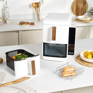 Salter Toronto Verticook Ultra Air Fryer - 9L Vertical Double Drawer, Cook on 4 Levels, 2 x 4.5L Baskets, Dishwasher Safe Accessories, Space Saving, 9 Functions, Sync & Match, PFAS-Free, White