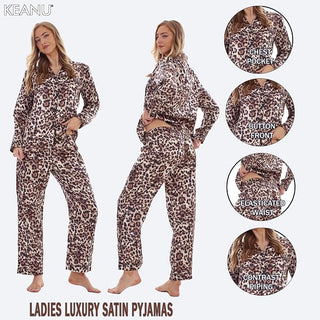 Keanu Ladies Satin Long Pyjamas - Leopard Print Design