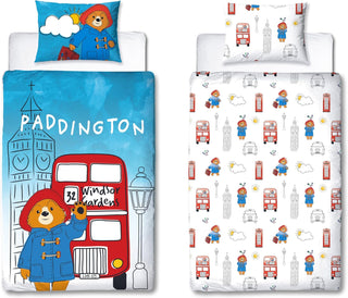 Paddington Bear Single Duvet Cover Set 2 Sided Reversible Station Design Matching Pillowcase Single Bed Set White and Blue, Polycotton
