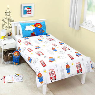 Paddington Bear Single Duvet Cover Set 2 Sided Reversible Station Design Matching Pillowcase Single Bed Set White and Blue, Polycotton