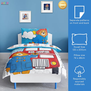 Paddington Bear Single Duvet Cover Set 2 Sided Reversible Station Design Matching Pillowcase Single Bed Set White and Blue, Polycotton