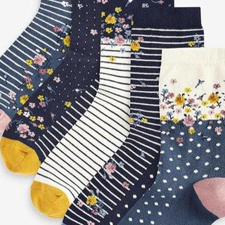 Ex Store Ladies 10 Pack Socks - Assorted Floral Spot Stripe Designs - Cotton Rich Purista - Size 4-7