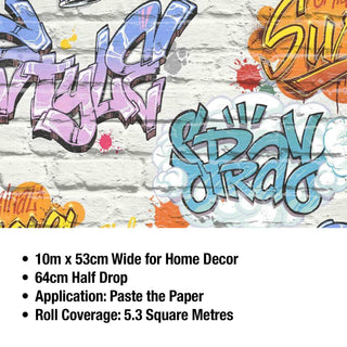 Muriva Street Style Graffiti Multi Wallpaper - 10m x 53cm Wide for Home Decor - White - 64cm Half Drop