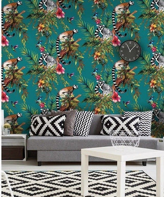 Holden Decor Lemur & Exotic Animals Teal Multi Wallpaper 12402 – Exotic Jungle Design – 10m Roll