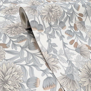 Muriva Martha Floral Cream & Blue Wallpaper 229502 10m Roll Elegant Botanical