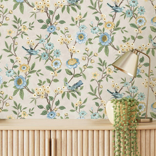 Fine Decor Eleanor Floral Birds in Yellow, Cream and Blue Wallpaper - 10m x 53cm Wide