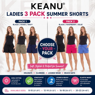 Keanu Womens 3 Pack Cotton Shorts Soft Breathable Casual Lounge Sleep Shorts with Elastic Waist 2 Colour Ways