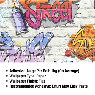 Muriva Street Style Graffiti Multi Wallpaper - 10m x 53cm Wide for Home Decor - White - 64cm Half Drop