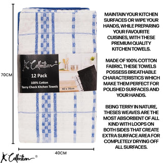 K Collection Blue 12 Pack Check Kitchen Towels Set - 100% Ring Spun Cotton - Terry Check Design