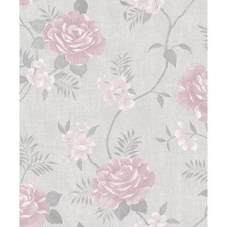 Muriva Rosalind Grey & Pink Wallpaper A69703 – Elegant Floral Design – 10m Roll
