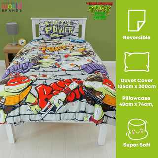 Teenage Mutant Ninja Turtles Single Duvet Cover Set | Power Design Reversible 2 Sided Bedding Including Matching Pillow Case TNMT Single Bed Set, Green