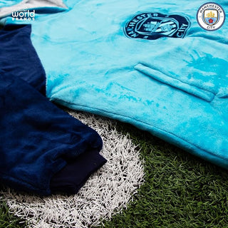 Manchester City FC Design Oversized Hooded Wearable Fleece Blanket Super Warm and Cosy Premium Sherpa Lined Perfect For Man City Fans
