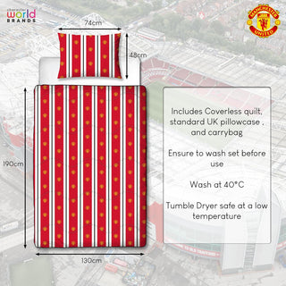 Manchester United FC Official Single Bed Coverless Duvet Bedding Reversible Red White Coverless Football Quilt, Pillow Pillowcase Washable Duvet Perfect For Travelling Sleepovers 10.5 tog