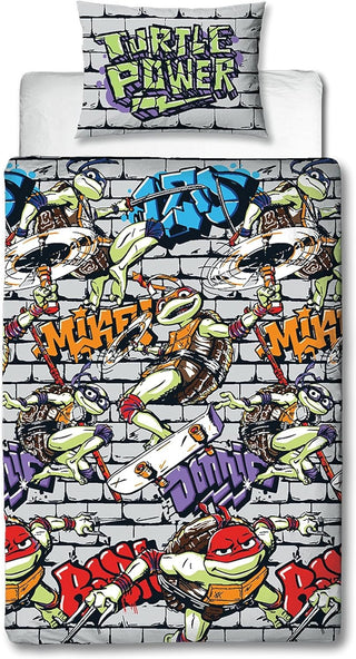 Teenage Mutant Ninja Turtles Single Duvet Cover Set | Power Design Reversible 2 Sided Bedding Including Matching Pillow Case TNMT Single Bed Set, Green
