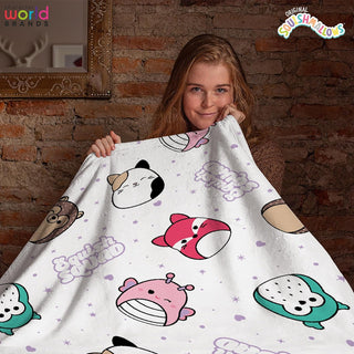 Squishmallows Official Fleece Throw Blanket Super Soft Warm White Throw, Bright Design Perfect For Home, Bedroom, Sleepovers & Camping Cam Cat Fifi Fox Hans Hedgehog Size 100 x 150cm