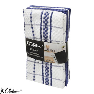 K Collection Navy 12 Pack Check Kitchen Towels Set - 100% Ring Spun Cotton - Terry Check Design