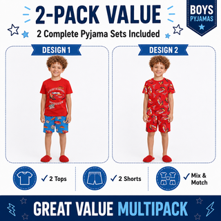 Disney Pixar Cars Lightning McQueen Boys Short Pyjamas 2 Pack - 100% Cotton Kids Sleepwear